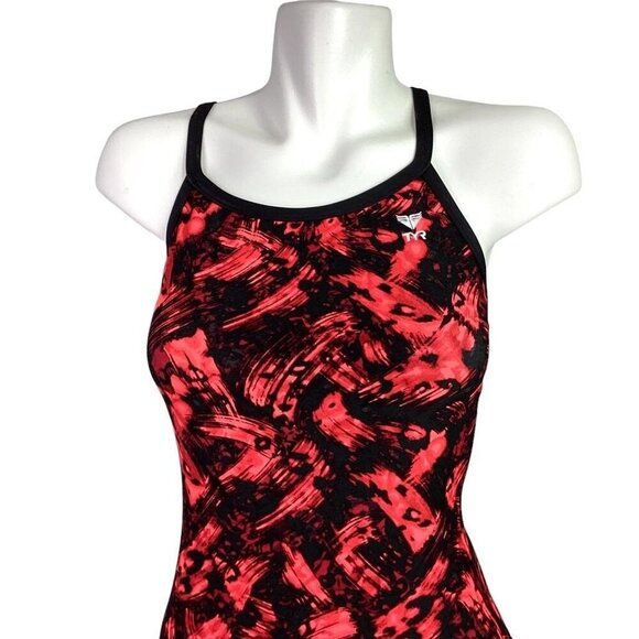 TYR Womens 34 Emulsion Diamondfit Swimsuit Fitted Red Black Lined Racerback - Picture 3 of 10